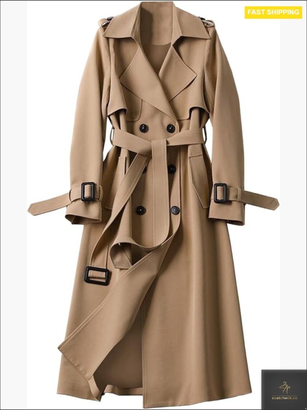 Classic Trench Coat Double Breasted Long Belted Notch Lapel Windproof Outerwear
